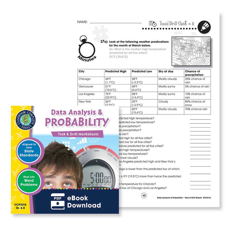 Data Analysis & Probability: Weather Predictions Timed Drills Gr. 6-8 - WORKSHEET
