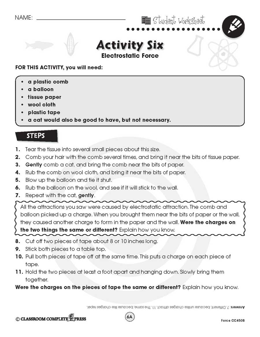 Force Electrostatic Force Experiment WORKSHEET CLASSROOM COMPLETE PRESS