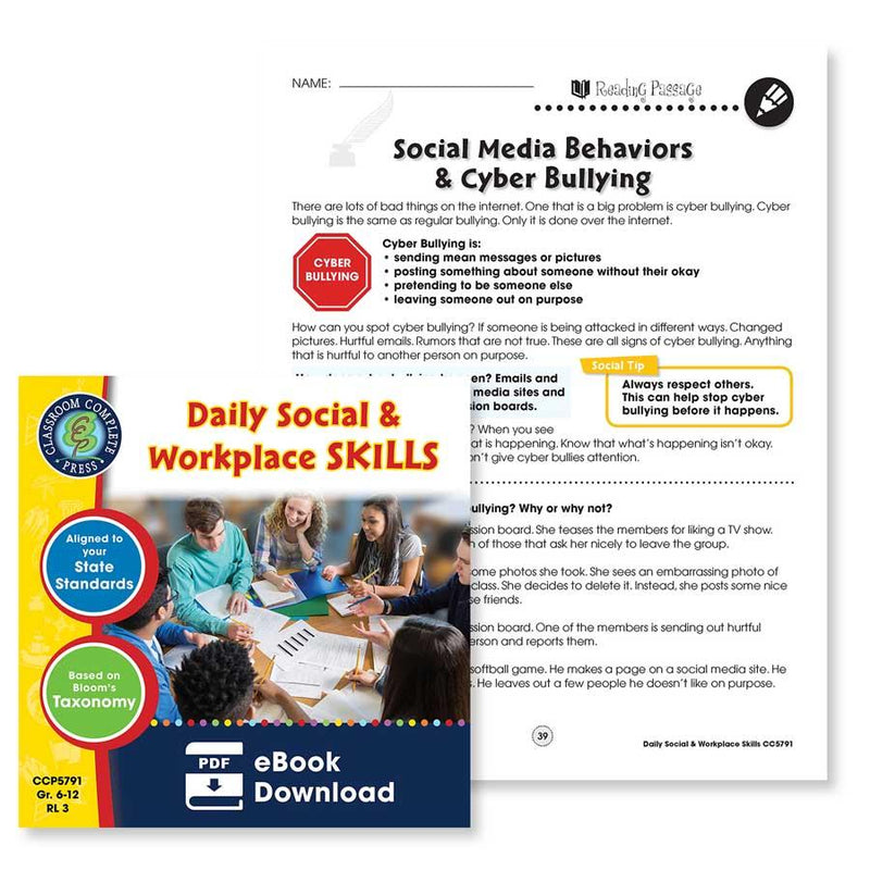 Daily Social & Workplace Skills: Cyber Bullying Reading Passage - WORKSHEET