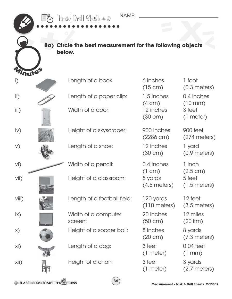 Complete Measurements Measurement Task & Drill Sheets Gr. 3-5: Object Measurements Timed Dri ...
