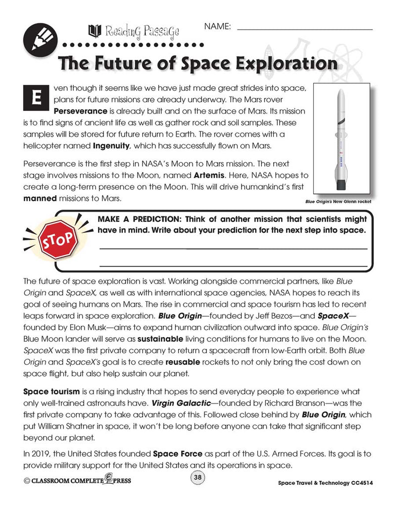 Space Travel & Technology: The Future of Space Exploration Reading Passage - WORKSHEET