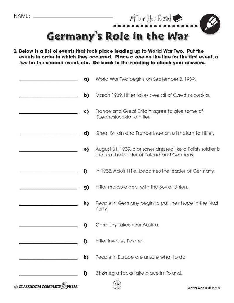 World War 2: Sequencing Events that Led to the War - WORKSHEET