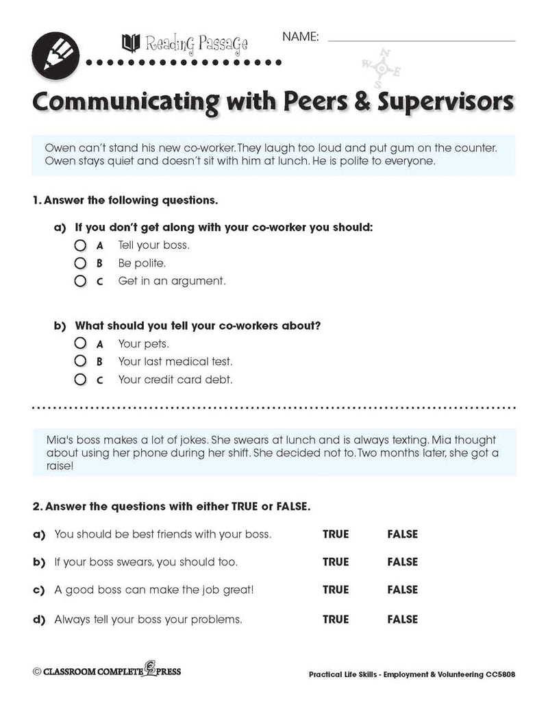 Practical Life Skills - Employment & Volunteering: Communicating with Peers & Supervisors Scenarios - WORKSHEET