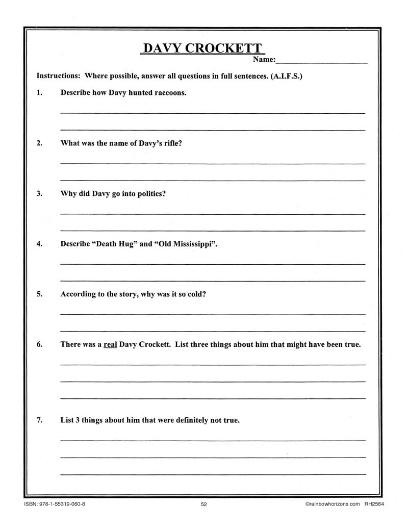 Tall Tall Tall Tales: Davy Crockett - WORKSHEET