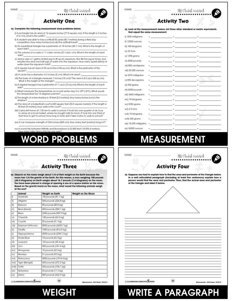 Measurement - Drill Sheets Gr. 6-8 - BONUS WORKSHEETS