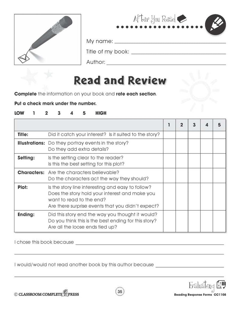 Reading Response Forms: Read and Review Gr. 5-6 - WORKSHEET