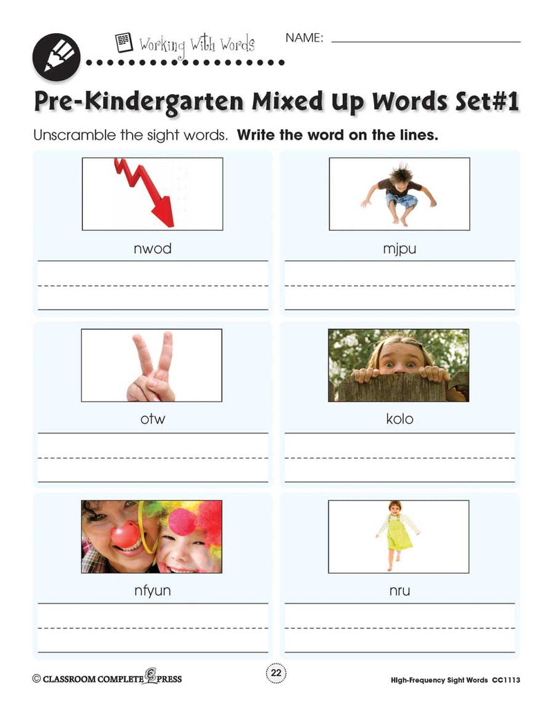 High Frequency Sight Words: Mixed Up & Match and Print Words Set Gr. PK-2 - WORKSHEET
