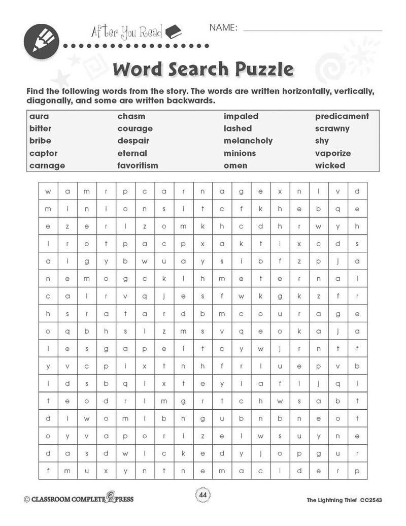 The Lightning Thief: Crossword & Word Search - WORKSHEET