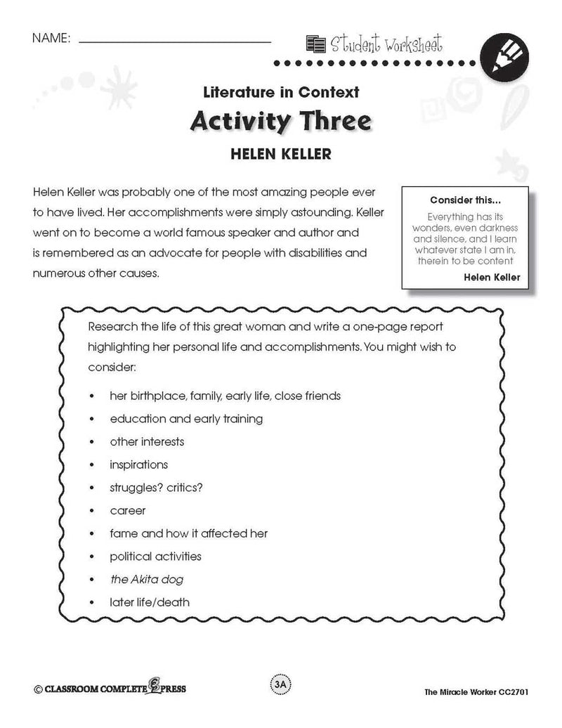 the-miracle-worker-helen-keller-research-worksheet-classroom-complete-press for Free Printable Helen Keller Worksheets The Miracle Worker: Helen Keller Research - WORKSHEET – CLASSROOM COMPLETE PRESS for Free Printable Helen Keller Worksheets
