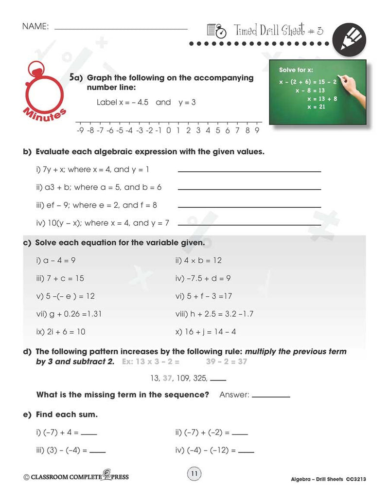 Algebra: Drill Sheet Sample Gr. 6-8 - WORKSHEET