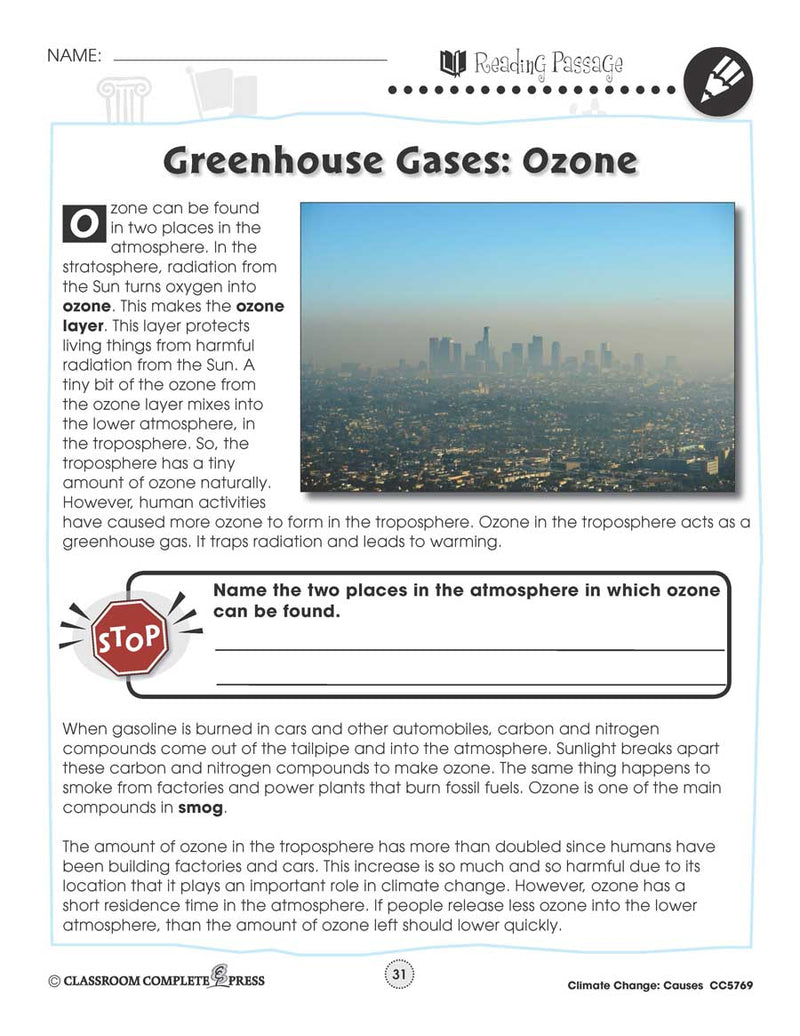 Climate Change: Causes: Greenhouse Gases - Ozone Reading Passage - WORKSHEET