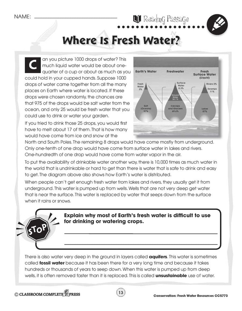 Conservation: Fresh Water Resources: Where is Fresh Water? Reading Passage - WORKSHEET