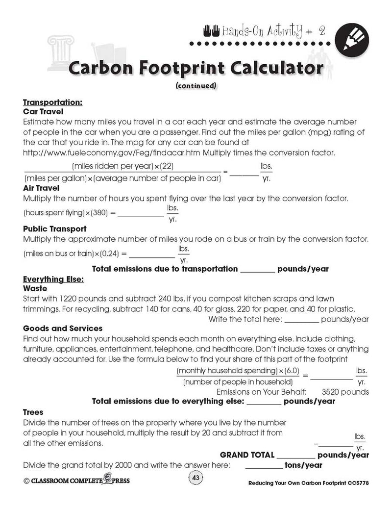 Reducing Your Own Carbon Footprint: Carbon Footprint Calculator - WORKSHEET