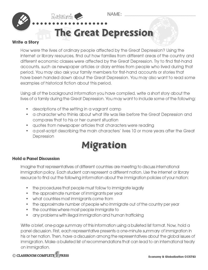 Economy & Globalization: The Stock Market Crash & Great Depression - WORKSHEET