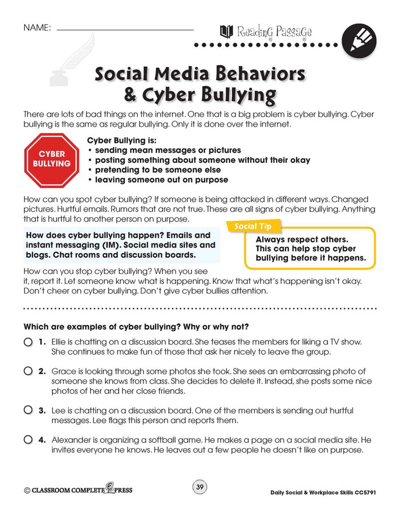 Daily Social & Workplace Skills: Cyber Bullying Reading Passage - WORKSHEET