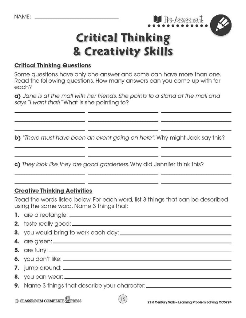 21st Century Skills - Learning Problem Solving: Critical & Creative Thinking Exercises - WORKSHEET
