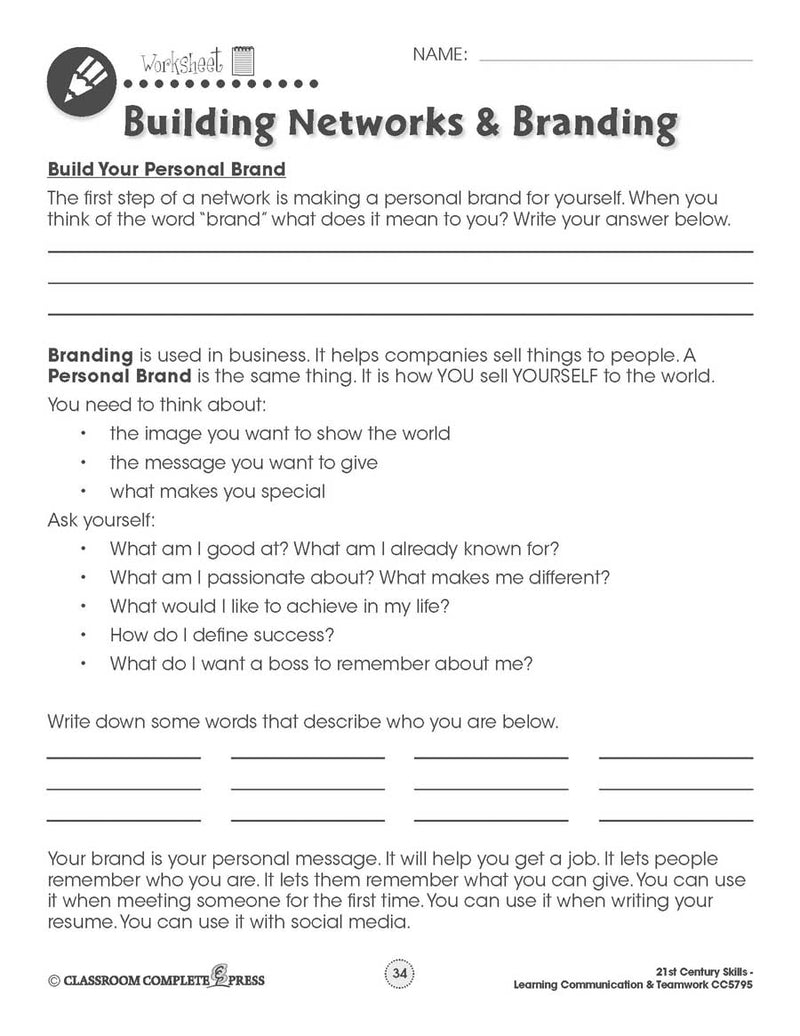 Learning Communication & Teamwork: Build Your Own Personal Brand & Elevator Speech - WORKSHEET
