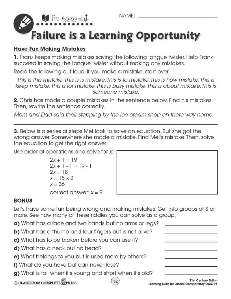 Learning Skills for Global Competency: Have Fun Making Mistakes - WORKSHEETS