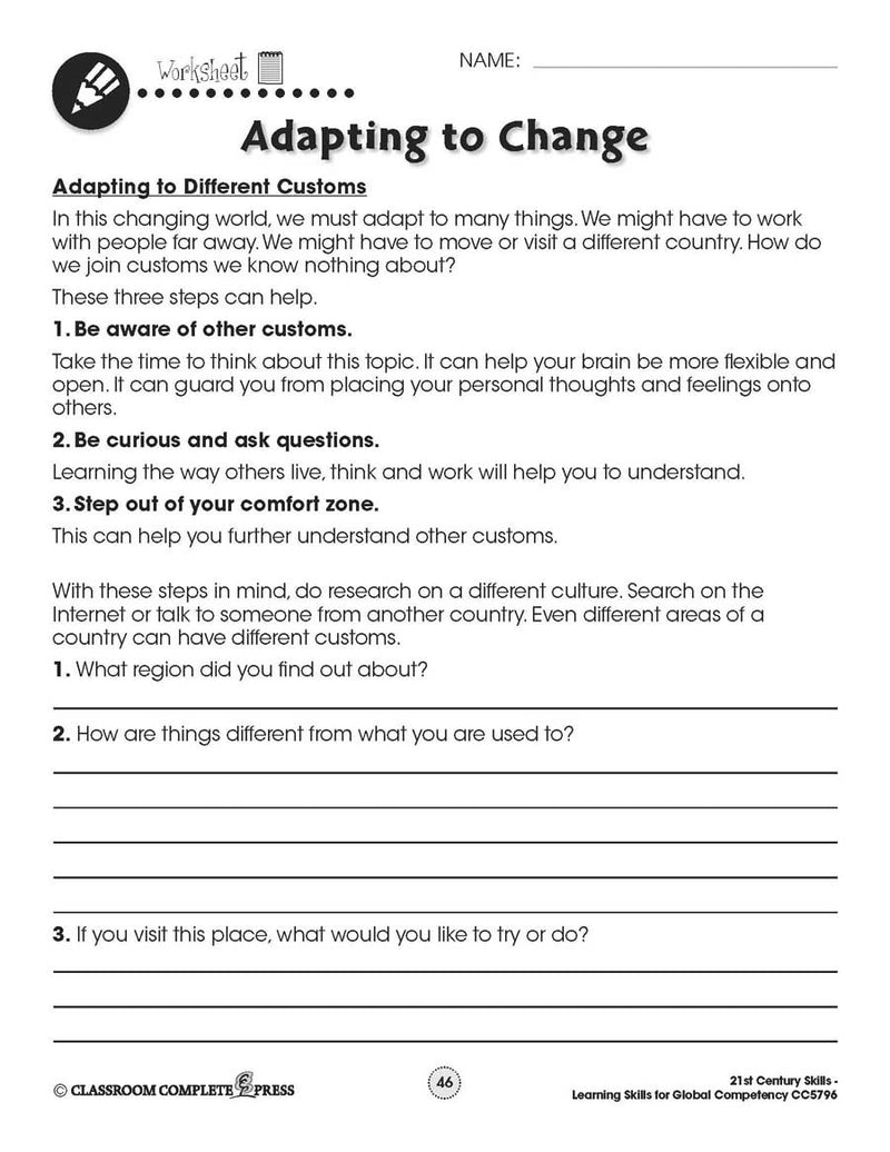 Learning Skills for Global Competency: Adapting to Different Customs - WORKSHEET