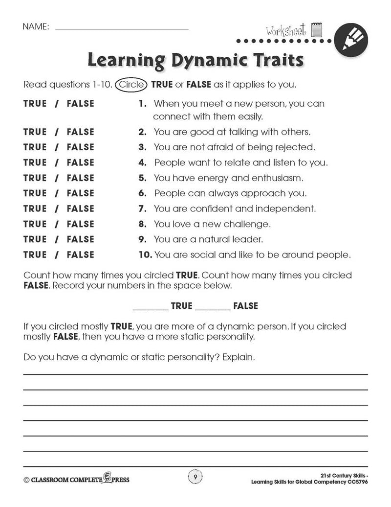 Learning Skills for Global Competency: Dynamic Traits Quiz - WORKSHEET ...