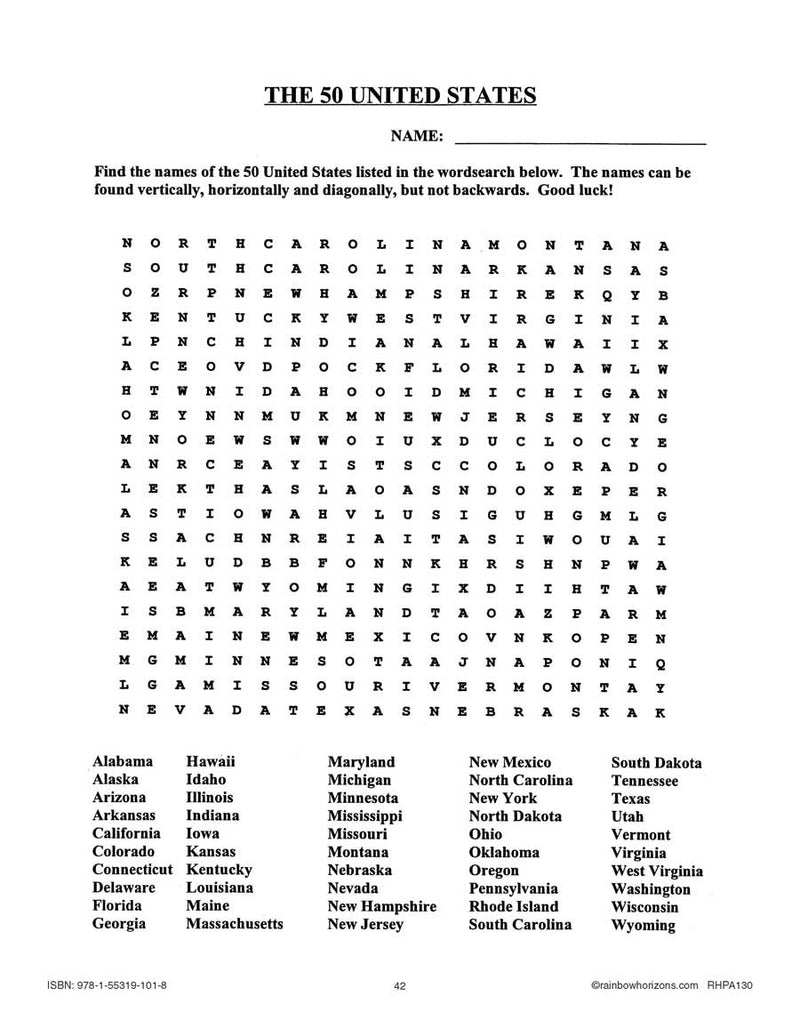 Canada And Its Trading Partners: The 50 United States Word Search - WORKSHEET