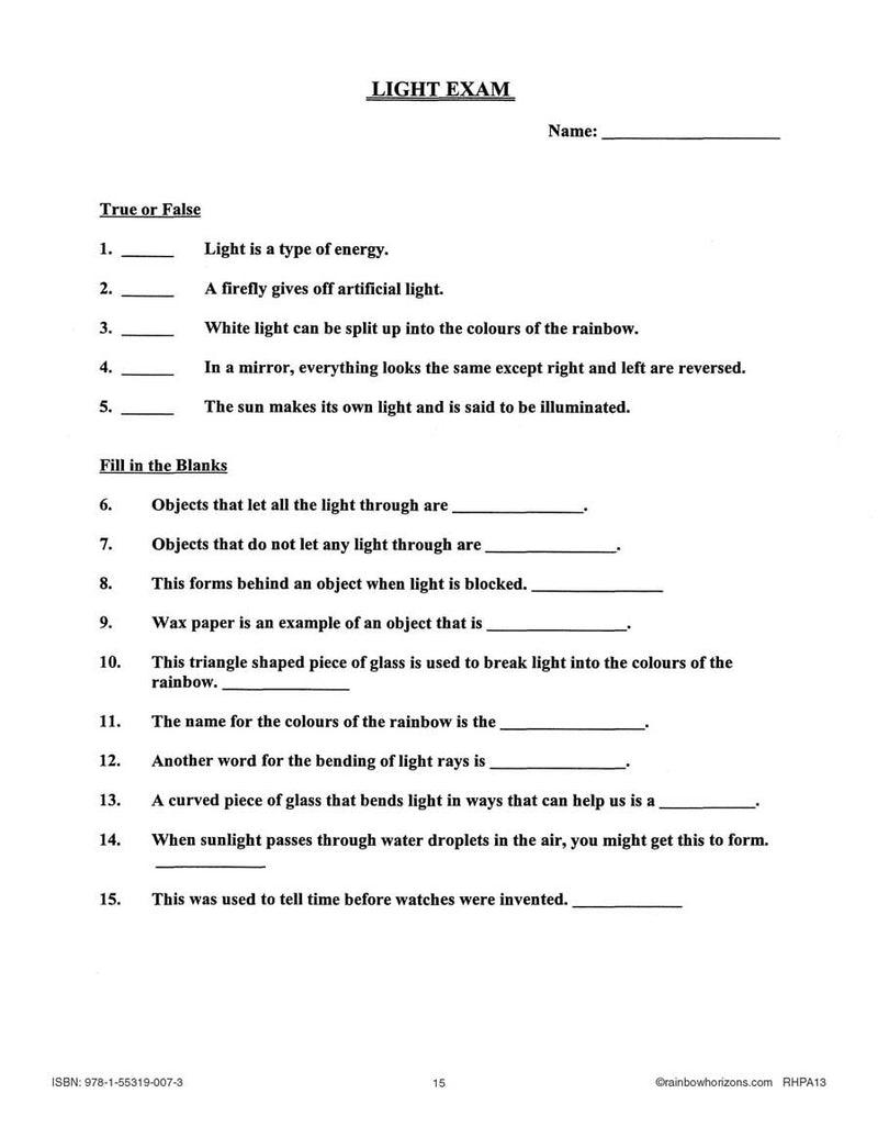 Light, Colour and the Eye: Exam - WORKSHEET